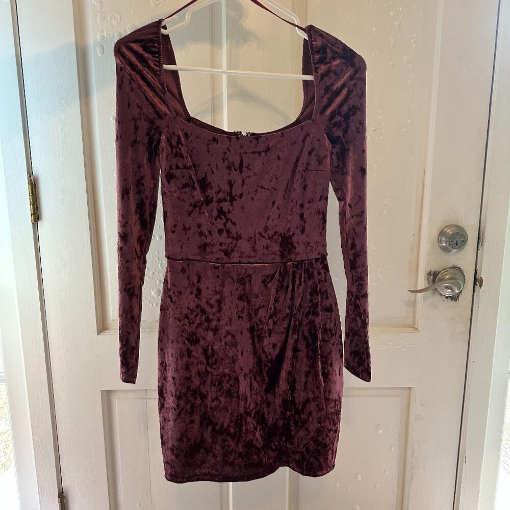 Francesca's burgundy, velvet, long-sleeve, mini dress